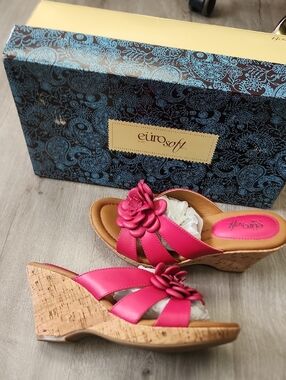 Eurosoft Pink Floral Cork Wedge Sandals